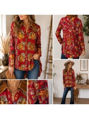 Aratta Floral High Low Blouse Small Velvet Collar Jeweled Button NWT